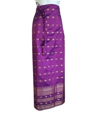 RAW SILK SARONG WRAP MAXI SKIRT, Waist Ties, Metallic Gold Elephants. OSFM